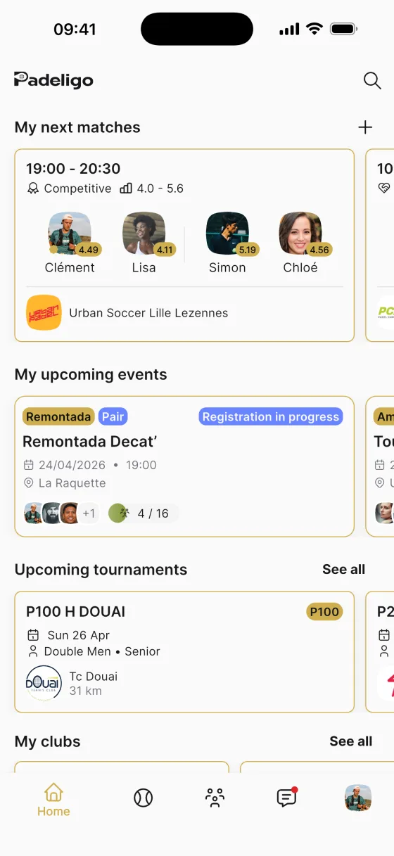 Padeligo home: activity streak and upcoming matches