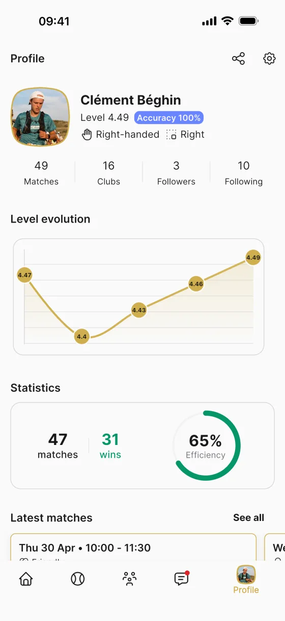 Player profile and level history in Padeligo